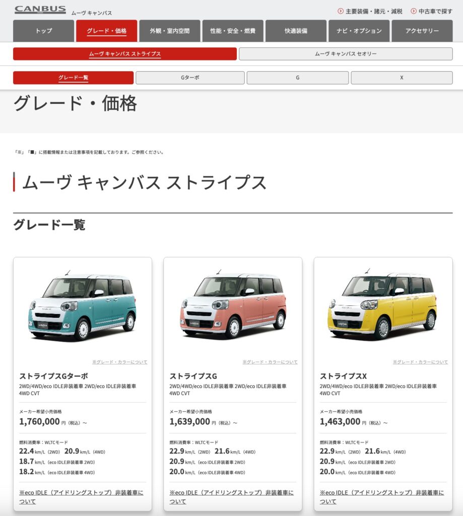 ダイハツ公式HP ムーヴキャンバス　グレード・価格